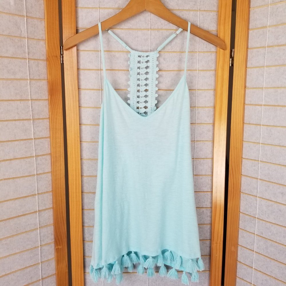 Lilly Pulitzer Nya Tank Top Crochet Pom Poms Serene Blue 100% Cotton Medium